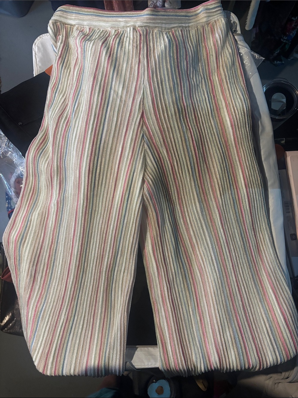 Ecru wide leg vertical stripe lined pants